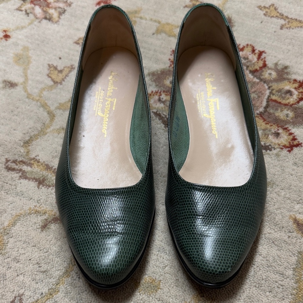 Salvatore Ferragamo Dark Green Textured Flats